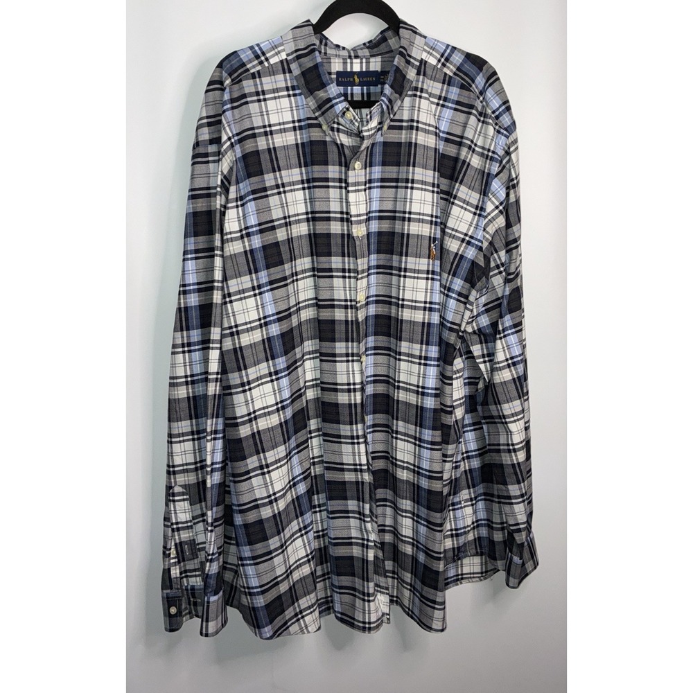 Ralph Lauren Shirt Check Plaid 3XB Button Down L/S Oxford Blue Black Flesh Pony‎